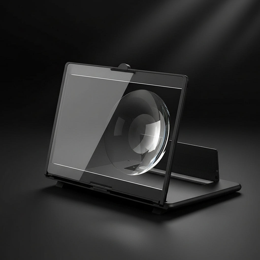 Product features including thickened lens, Fresnel lens, foldable design, anti-slip mat, and elevated bottom seat.
